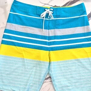 NWOT Old Navy Board Shorts, Teal Blue & Yellow Stripes 34"